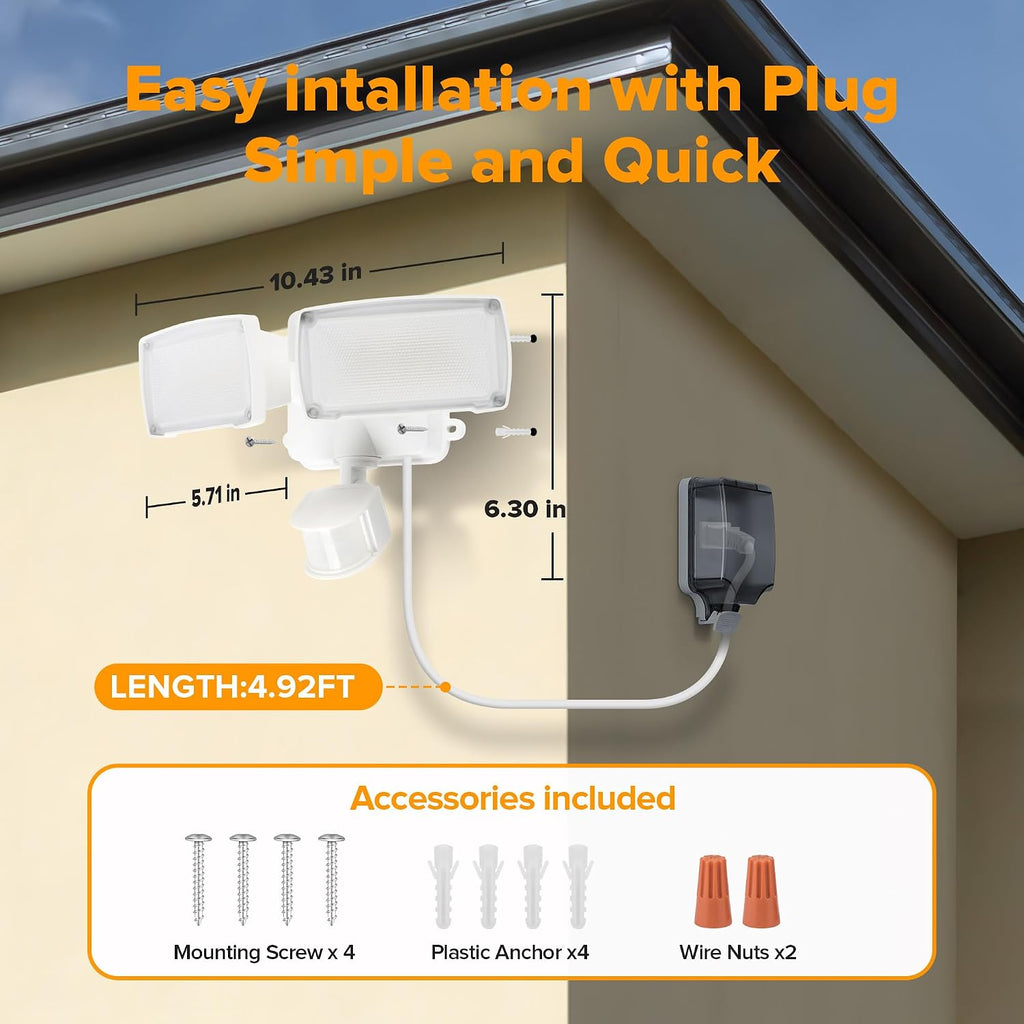 21W White Plug in Motion Sensor Light Outdoor, Flood Lights Outdoor Motion Sensor,2500LM, 5000K Daylight,IP65