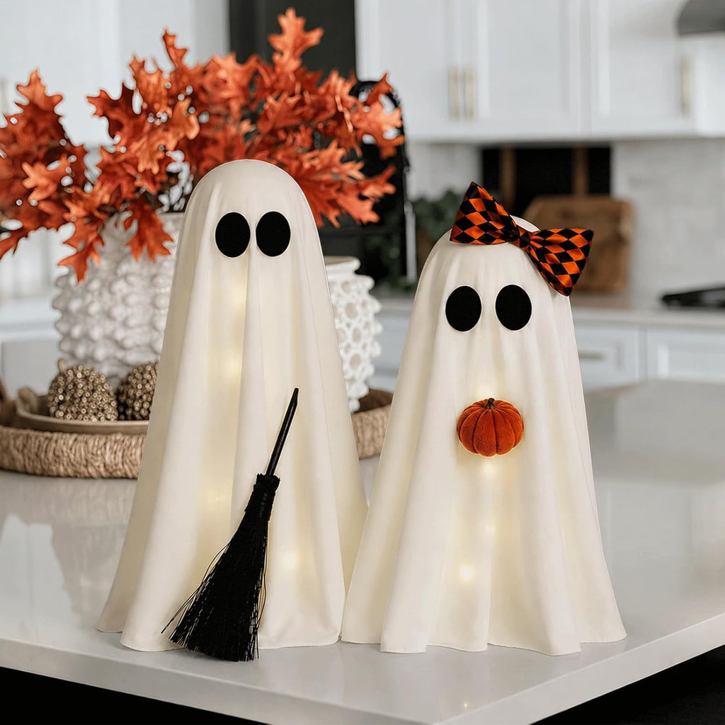Halloween Decorations Indoor, 2 Pack Lighted Ghost Decor with Broom Pumpkin - Set of 2