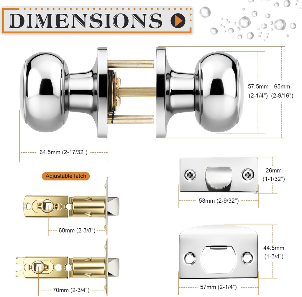 Polished Chrome Door Knobs Interior, Passage Door Knobs Closet, Keyless Interior Door Knob, 10 Pack