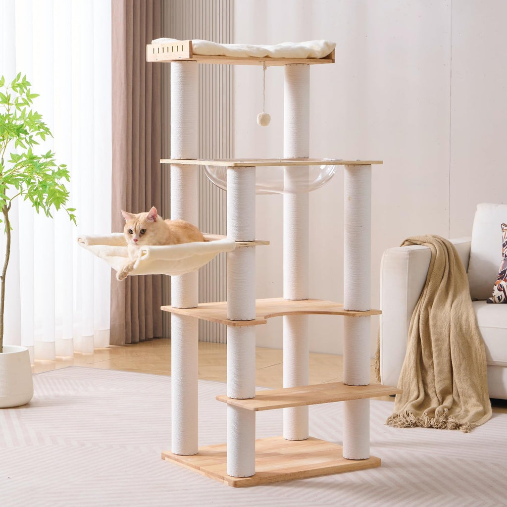 Modern Natural Wooden Wood Cat Tree Tower Condo, Extra Large Top Platform Perch, 57" Tall, Big Clear Capsule Bowl