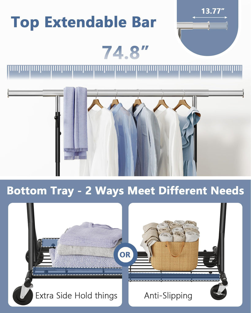 1-Minute Assembly Clothes Rack, 480 lbs Heavy Duty Rolling Clothing Racks with Wheels, Foldable Garment Rack