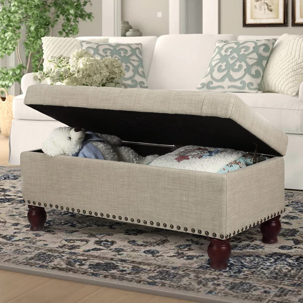 40 Inches Fabric Ottoman Bench with Storage for Living Bed Room, Button Tufted Foot Rest Stool with Solid Wood Legs