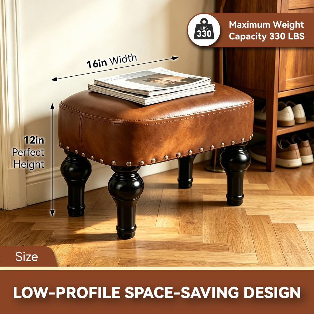 Leather Ottoman Footrest, Rustic Foot Stools Seat, Wood Footstool, Rectangle Footrest Small Ottoman, Entrance Hall