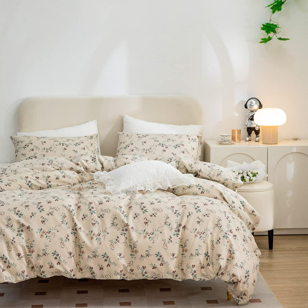 Duvet Cover Queen Floral, Brushed Microfiber 3 Pieces Bedding Set, Garden Style Vintage Floral Queen Duvet Cover
