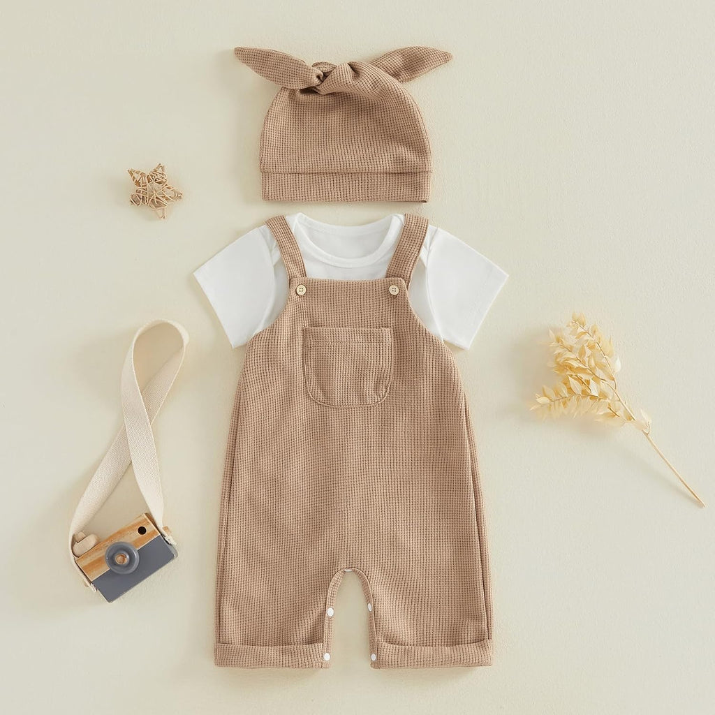 Newborn Baby Boy Clothes Summer Outfit Solid Color Short Sleeve Romper Waffle Suspender Shorts Overall Set 3Pcs