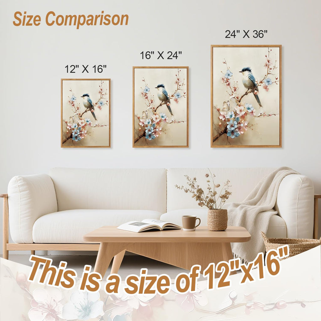 Bird and Blossom Framed Canvas Wall Art Set Of 3, Vintage Floral Wall Decor, Retro Nature Avian Floral Wall Painting