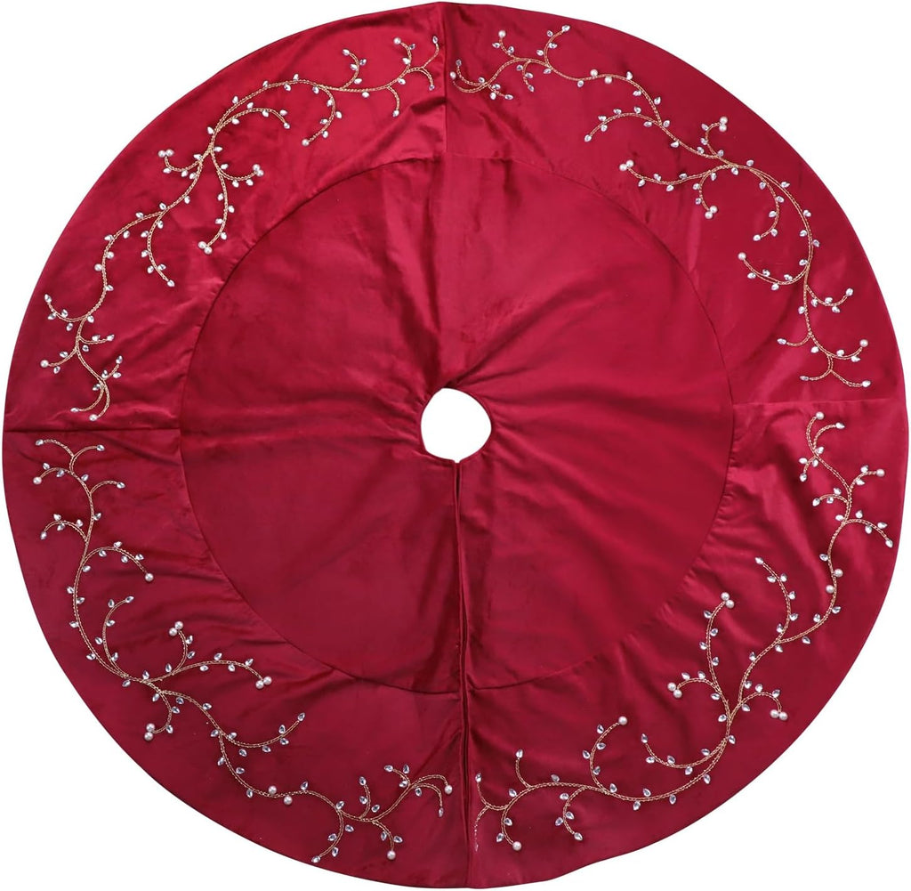 Christmas Tree Skirt, 60 inches Classic Large Velvet Fur Plush Red Tree Skirt, Baroque Tree Skirts with Gold