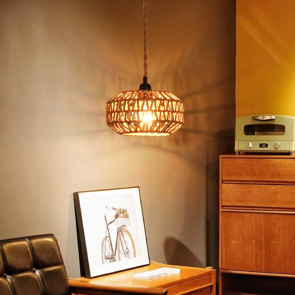 2 Pack Plug in Pendant Light Rattan Hanging Lamp with Switch, Mini Rattan Boho Semi Flush Mount Ceiling Light, Hand