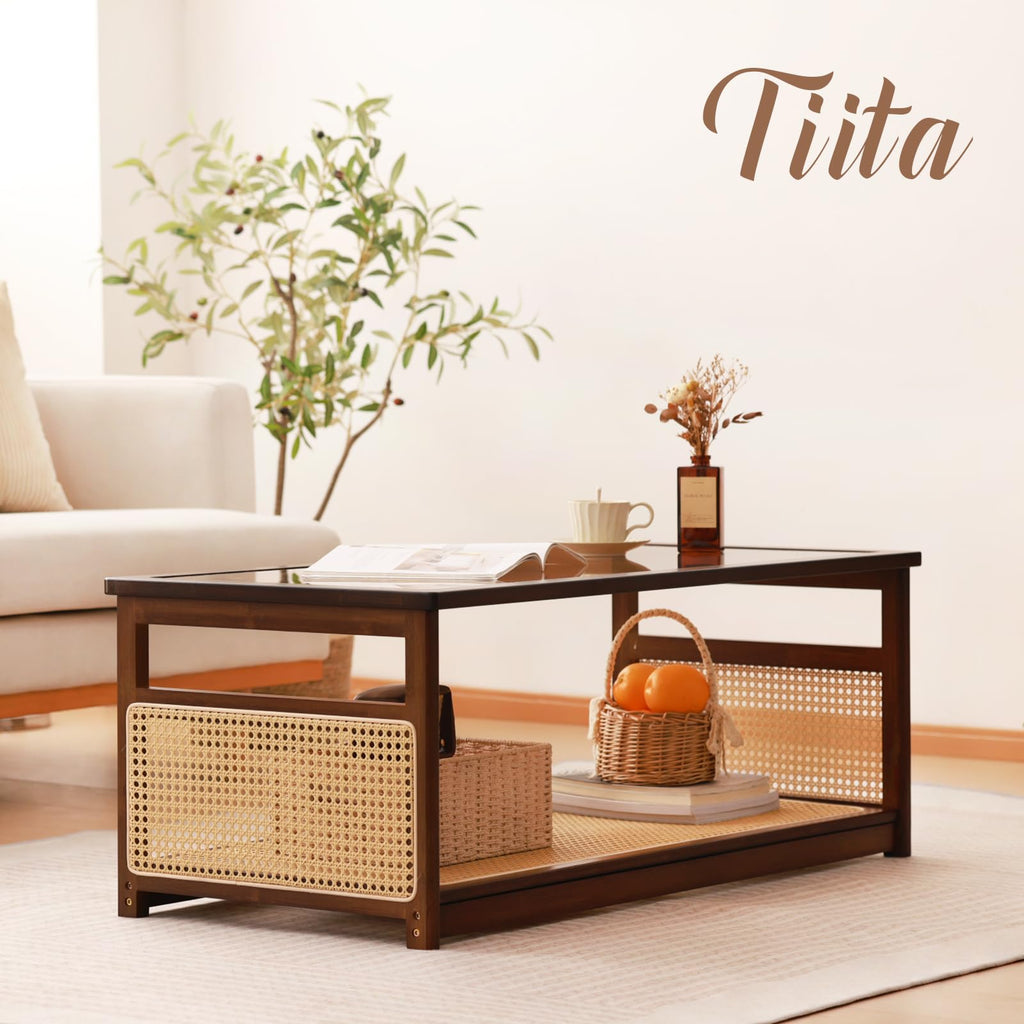 Bamboo Coffee Table, Glass Top, Rattan Storage, 2-Tier Storage, Brown