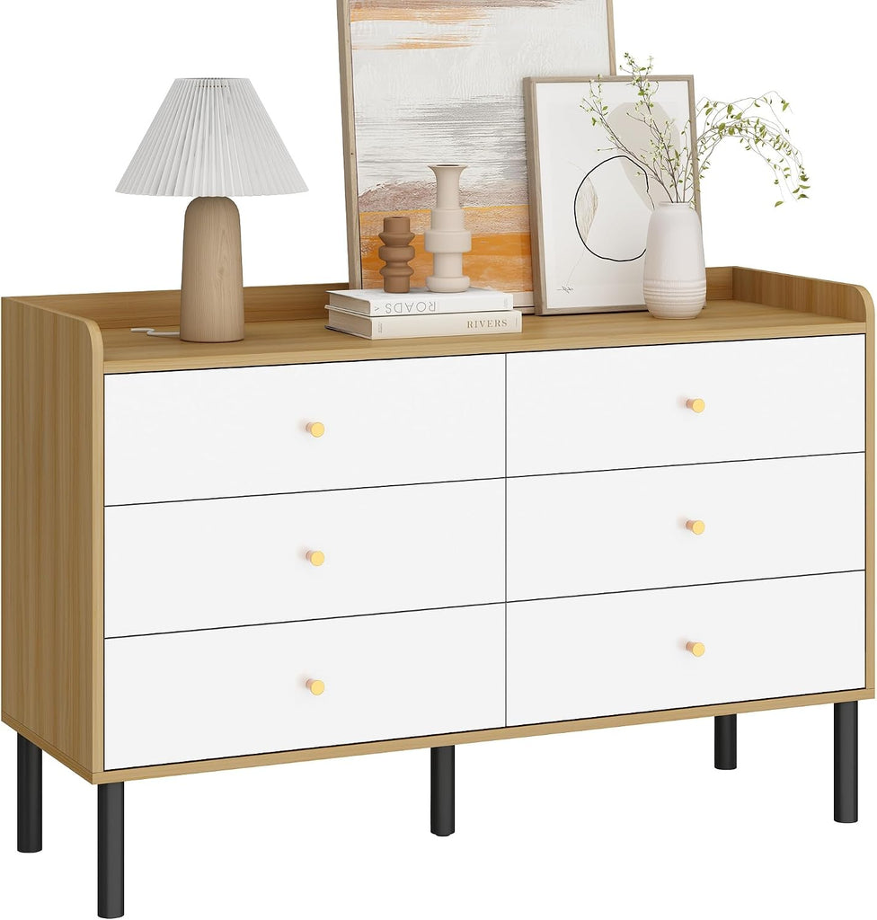 Kids Dresser , 6 Drawer Baby Dresser with Golden Handles, Modern Wood Chest , White