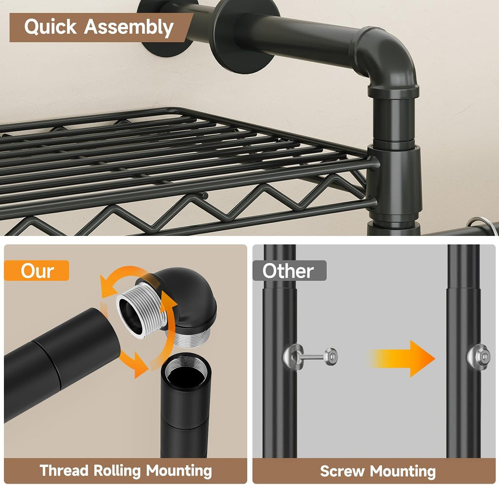 Wall Mounted Garment Rack, Industrial Pipe Clothing Rack, Closet System with 6 Expandable Rods, Walk in Closet