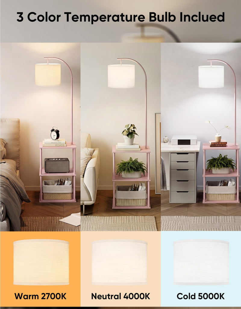 Floor Lamp with Table, Night Stand with Lamp, Narrow Side Table with 3CCT LED Bulb, Small Coffee Table, Modern End