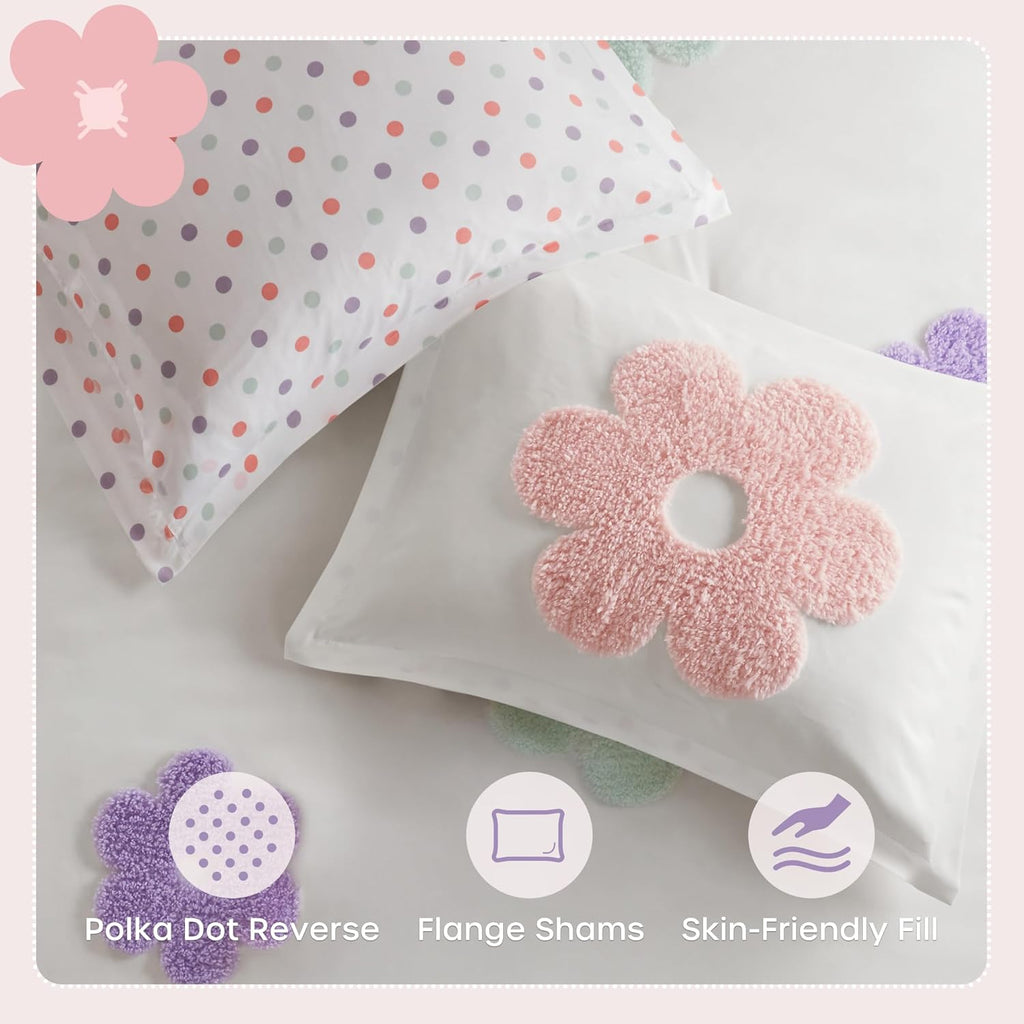 Kids Twin Comforter Set for Girls, Tufted Chenille Floral Comforter Set Twin, Lightweight Polka Dot Comforter