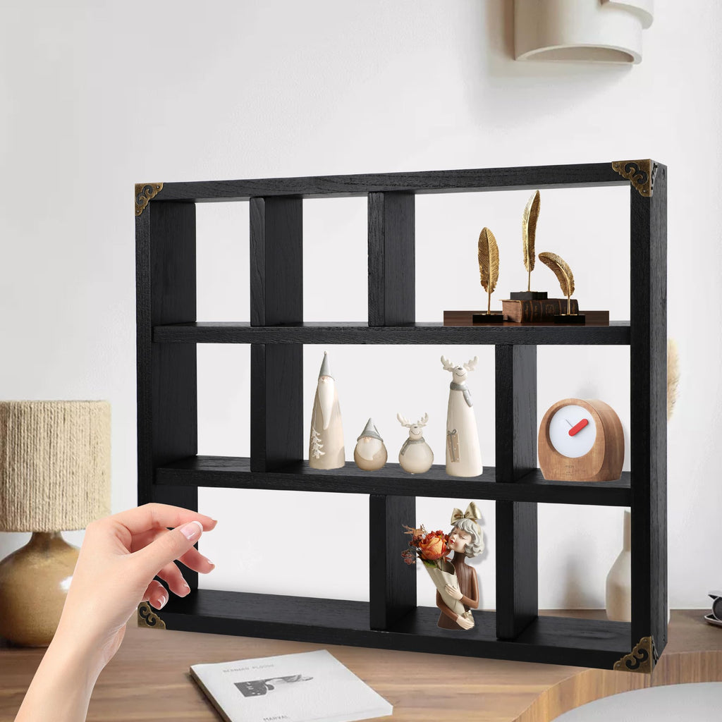 17.7x15.7-Inch Shadow Box Shelf 9-Slot Rustic Floating Shelves Larger Wall Mounted Lightweight Solid Wood Display