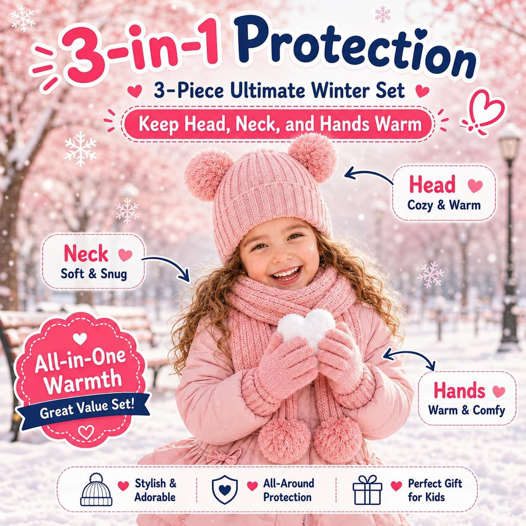 Kids Winter Hat Gloves Scarf Set, Double Pom Beanie Warmer Mittens Fleece Lined Piece Set for Boys Girls