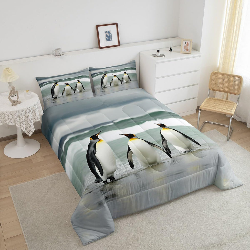 Cute Penguin Comforter Set Coastal Ocean Wave Bedding Set 3D Penguins Wildlife Bedding Home Decor Green Gray