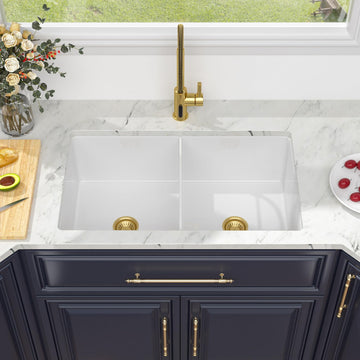 32 White Undermount Kitchen Sink Drop In Double Bowl Sink 50/50