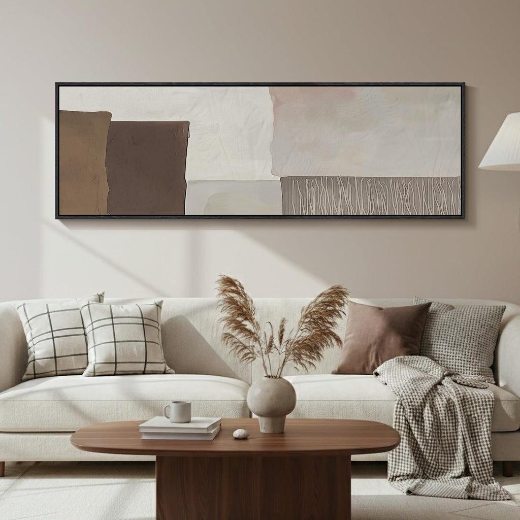 Large Framed Horizontal Narrow Neutral Abstract Wall Art Bedroom, 60x20 In