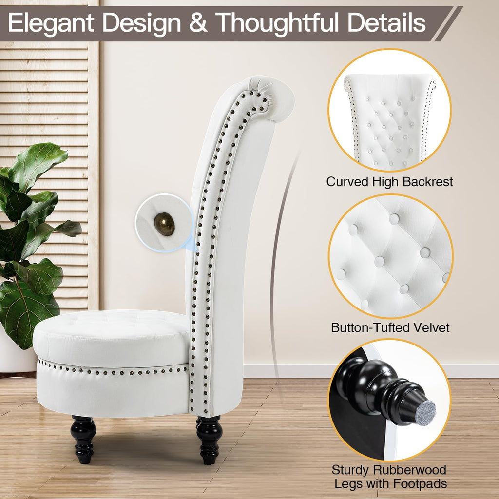 High Back Velvet Throne Chair with Storage & Nailhead Trim, White