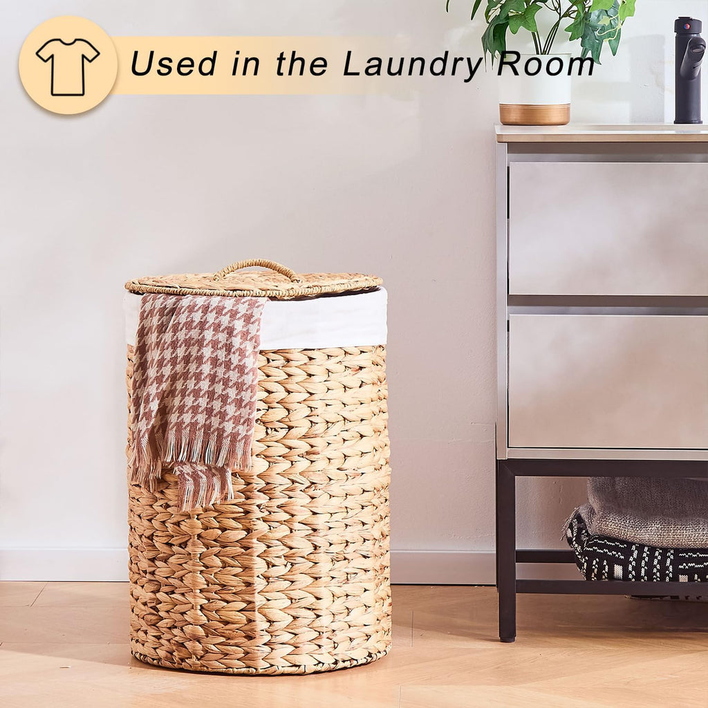 Round Water Hyacinth Laundry Hamper with Lid Handwoven Wicker Basket with Handles for Dirty Clothes, Storage, and