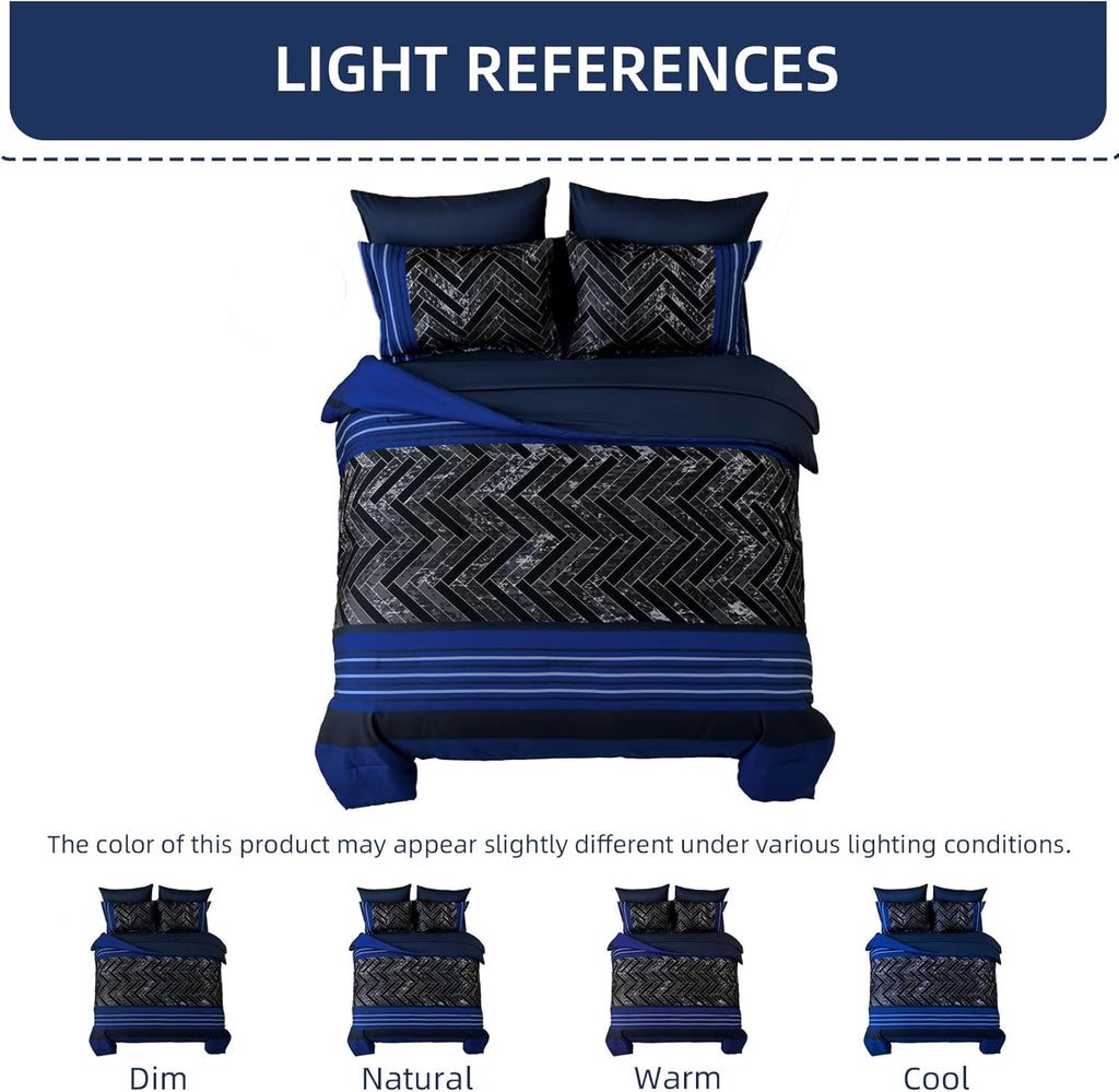 Luxudecor Blue Comforter Set Queen, 7 Pieces Stripe Geometric Bed in a Bag, Geometric Comforter and Sheet Set