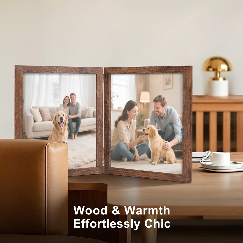 8x10 Double Picture Frame Rustic Wood Wooden Hinged Photo Frame