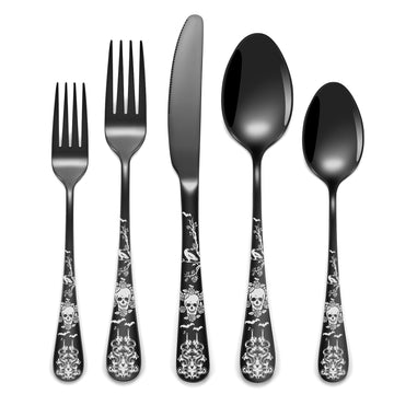 40-Piece Black Skull Silverware Set for 8, Flatware Set Stainless Steel Spoons, Forks, Knife Pattern Unique Design