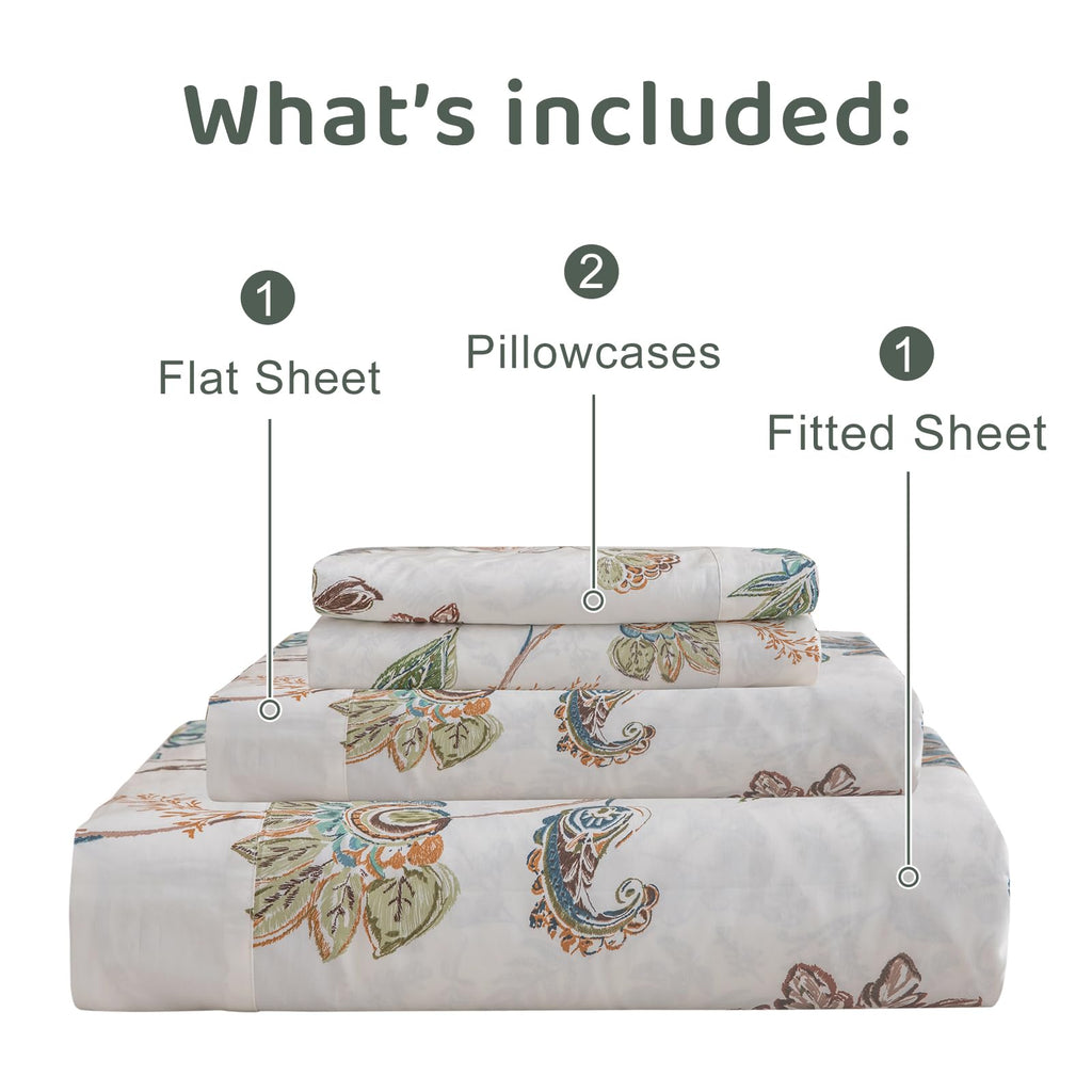 Floral Bed Sheets Queen Size - 100% Egyptian Cotton Sheets Elegant Botanical Leaves Flower Pattern Printed Bedding