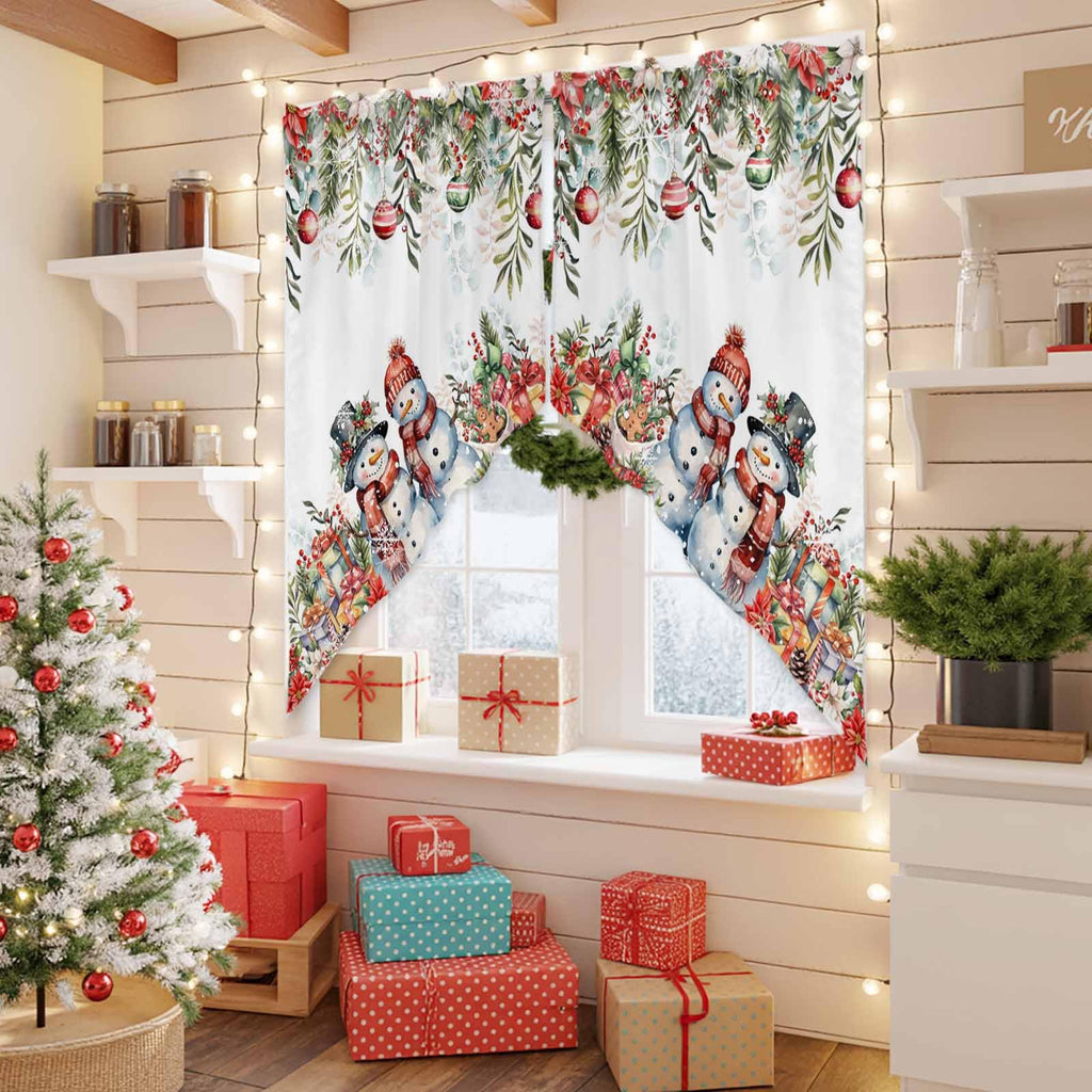Christmas Red Eucalyptus Leaves Curtain Valance for Window, Farmhouse Swag Curtains, Cute Snowman Valance Bathroom