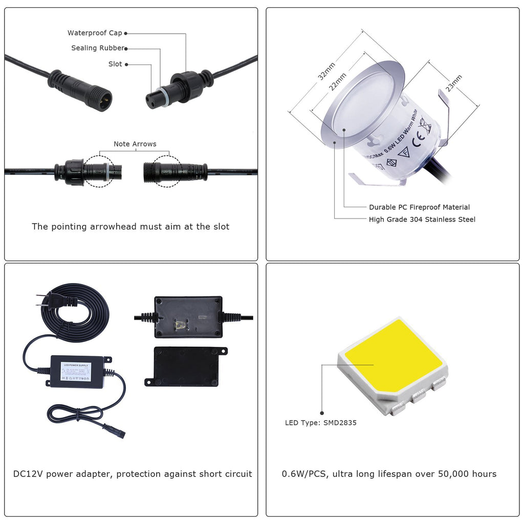 LED Deck Lights Kit 12V Low Voltage Waterproof IP67 Warm White Recessed Deck Lighting In Ground Light for Step Stair