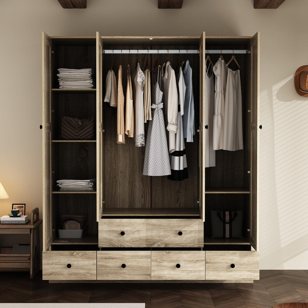 Rattan Armoire Wardrobe Closet with 7 Shelves, 5 Drawers & Hanging Bars, 59" L Wooden Wardrobe Clothes Storage