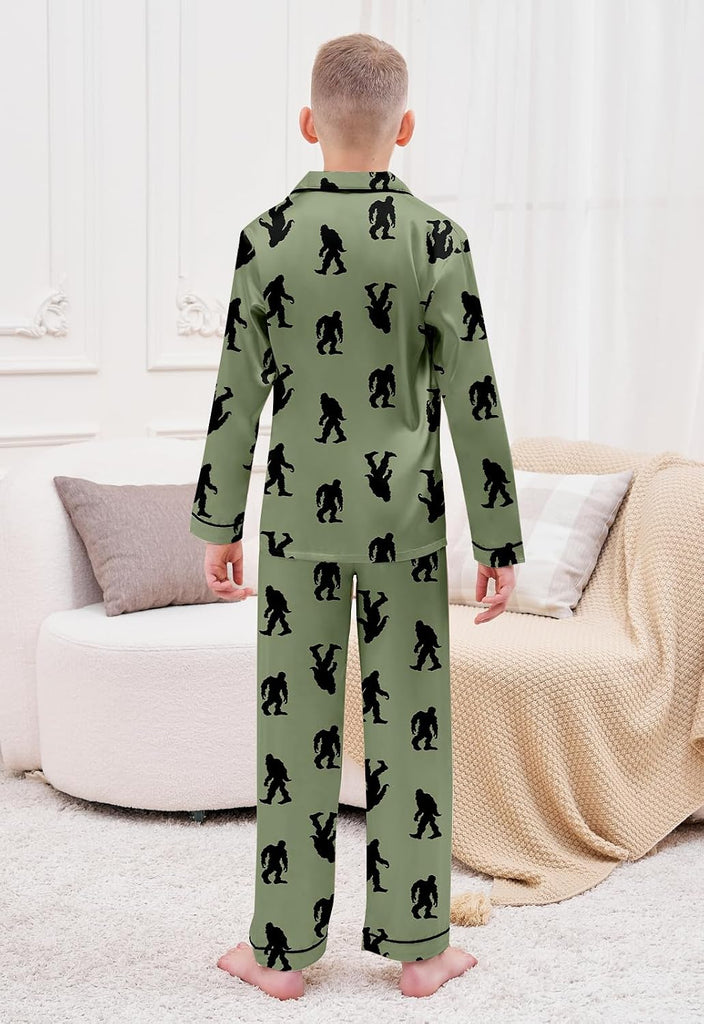 Boys Silk Pajamas Set Long Sleeve 2 Piece Sleepwear Button-Down Nightwear