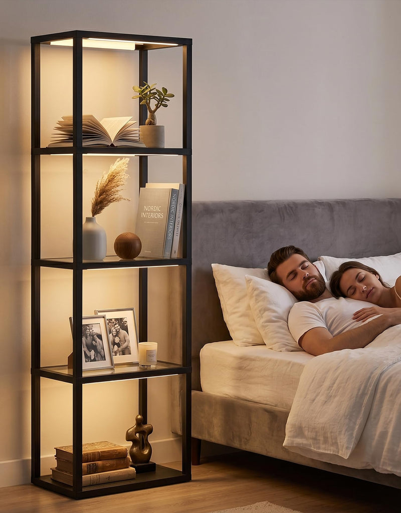 Large Glass Display Shelf with Remote Control, Dimmable LED Floor Lamp with Shelves, Open Display Cabinet, 3 Color