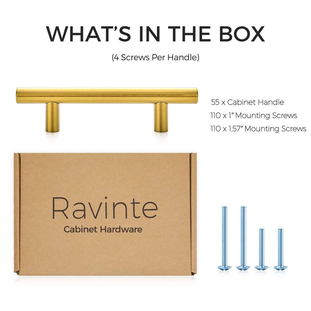 Cabinet Handles, Brushed Brass,5" Length,3" Hole Center,55 Pack