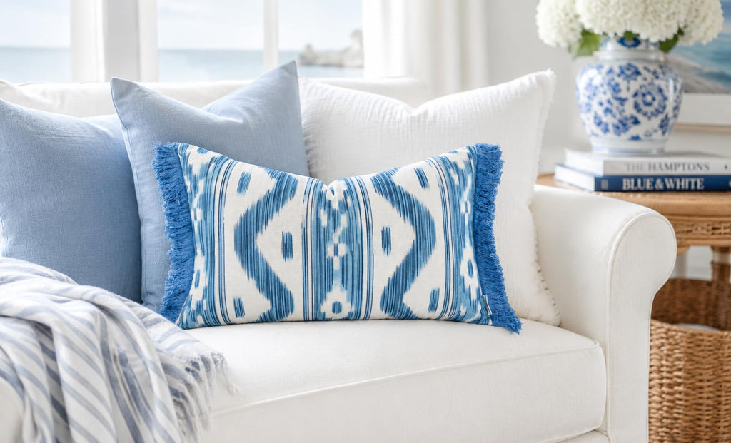 Ikat Diamond Print Lumbar Pillow Cover 12x20, Blue