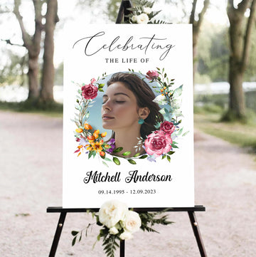Customized Coronal Floral Celebration Of Life Welcome Sign, Memorial Picture Board, Celebration Of Life Decoration