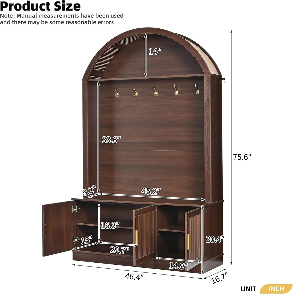 Farmhouse Arched Top Hall Tree with 5 Metal Hooks, All-in-One Mudroom Storage with Adjustable Shelves & Fluted Door