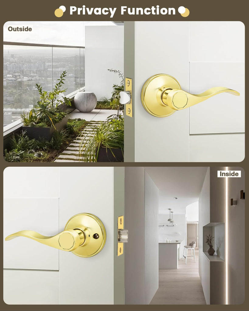2Pack Wave-Style Closet and Hall Door Locksets Passage Levers in Polished Brass,Reversible Handles for Left Right - Door Lever