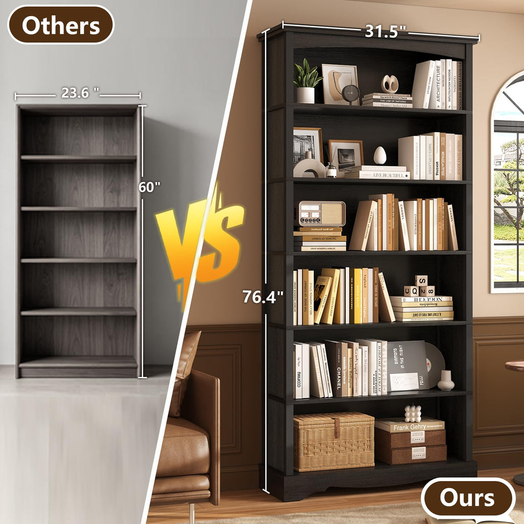 6-Tier Wooden Bookshelf, 76 Inch Tall Bookshelf with Storage, Floor Standing Modern Style Display Bookcase, Study