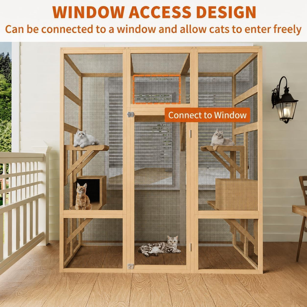 70" Walk-in Wooden Catio, Outdoor Cat Enclosure with Window Access, Natural