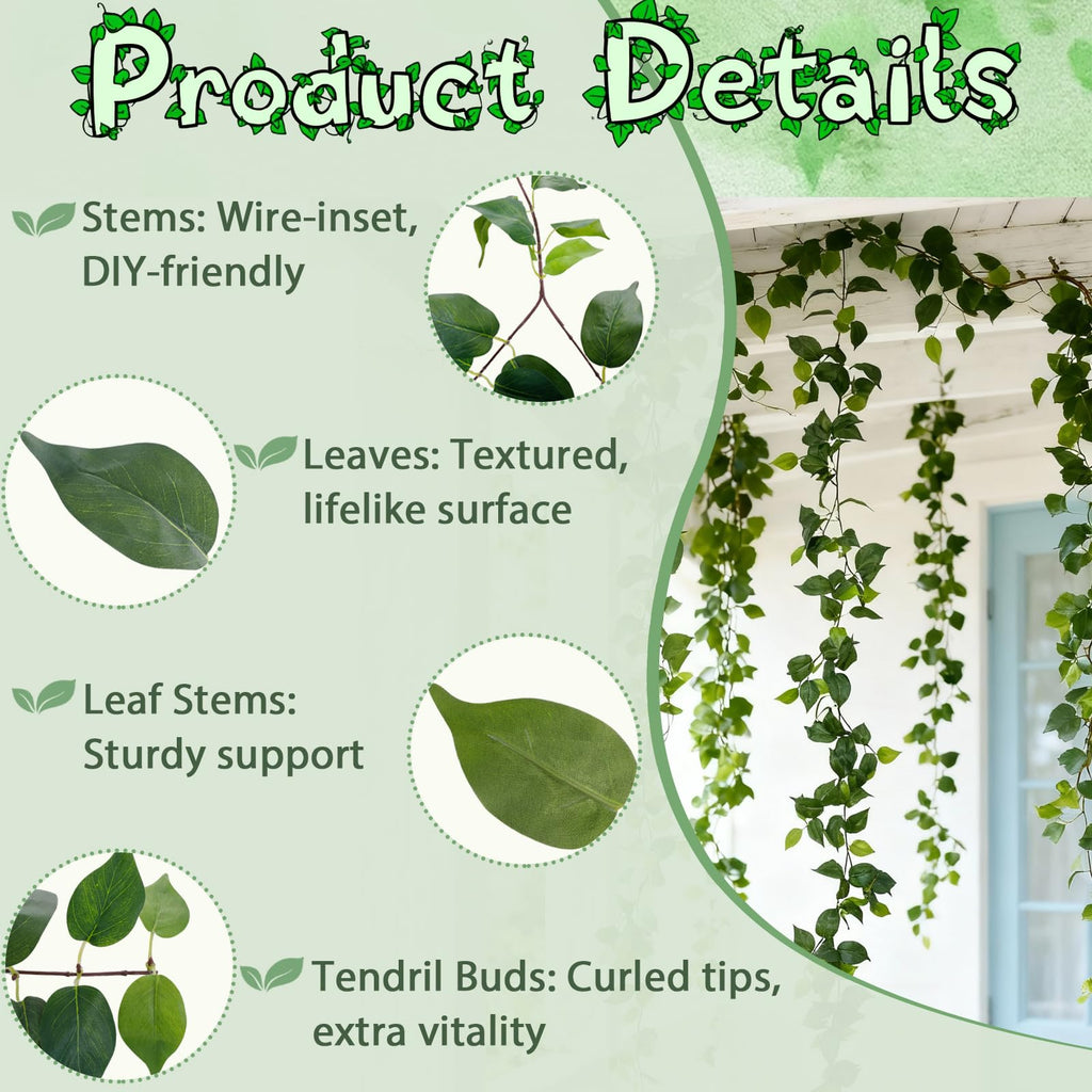4Pack Total 24FT Green Fake Vines Ivy Leaves Vines Greenery Garland Fake Leaves Leaf Wall Decor Faux Hanging Vines