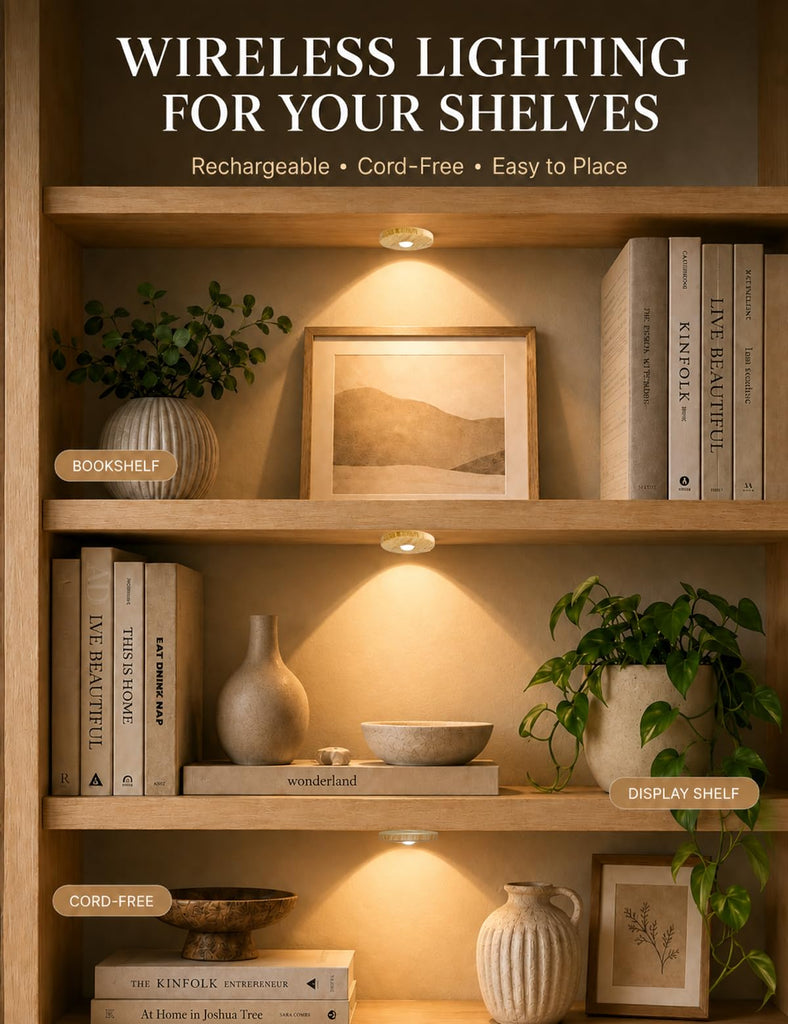 Rechargeable Puck Lights with Remote, Wood-Look Under Shelf Lights, 3 Pack