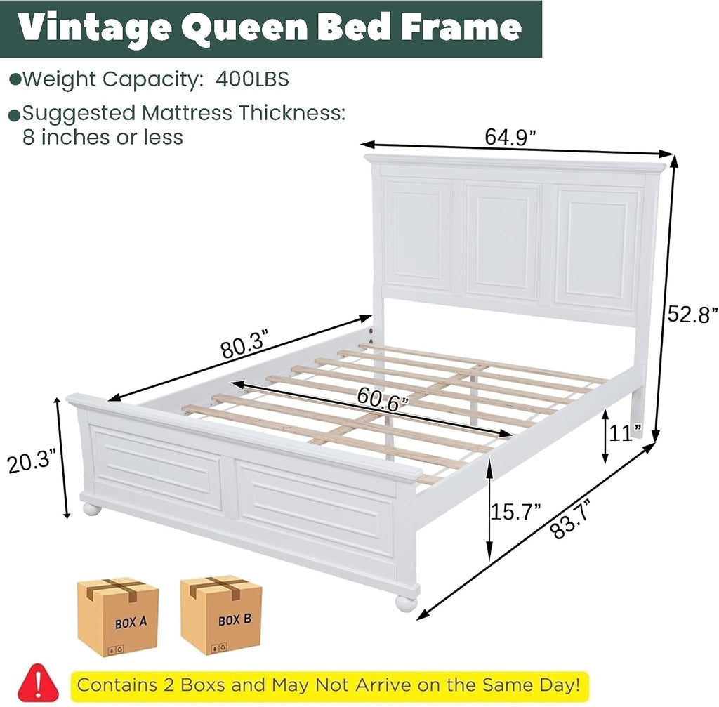 Farmhouse Queen Bed Frame with Tall Headboard and Footboard, White Wood Bed Frames Queen with Under Bed Storage