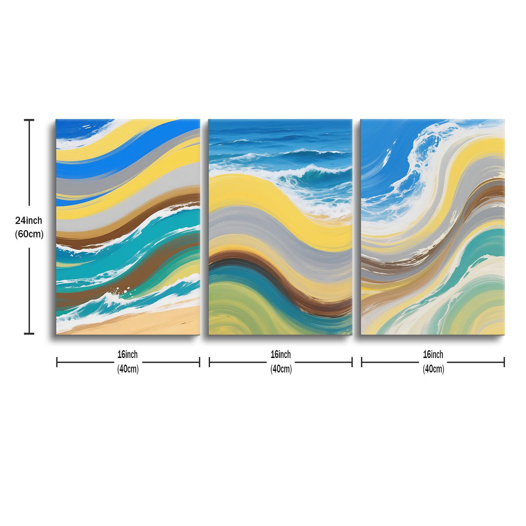 3 Piece Blue Wave Canvas Wall Art, Marbled Coastal Office Decor