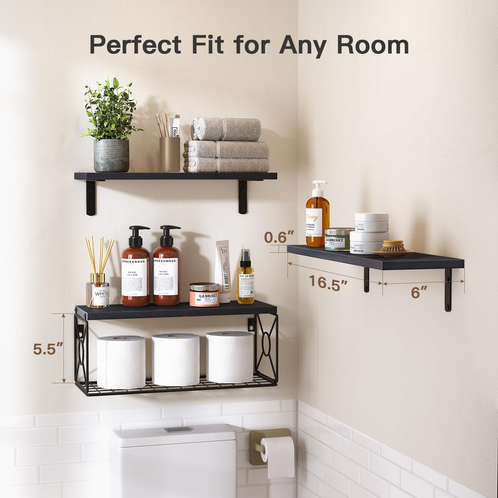 Bathroom Shelves with Storage Basket, Set of 3, Black