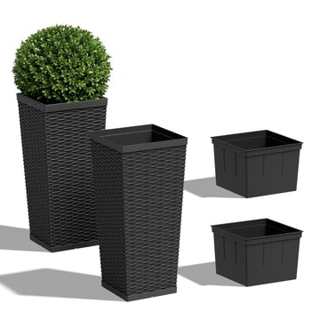 24" Front Porch Resin Rattan Tall Planters 2 Pack, Inner Tray