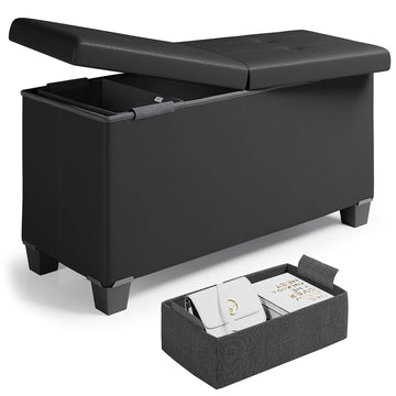 30 Inch Storage Ottoman Bench with Storage Bins, Max 660 lbs Storage Chest (Black, Faux Leather)