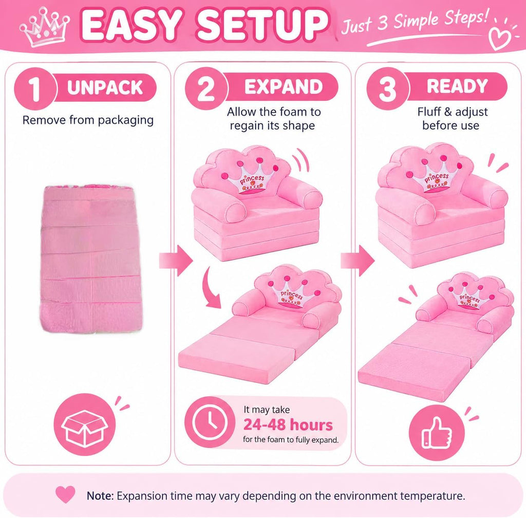 Kids Couch Fold Out, Foldable Princess Chair for Toddlers, Pink