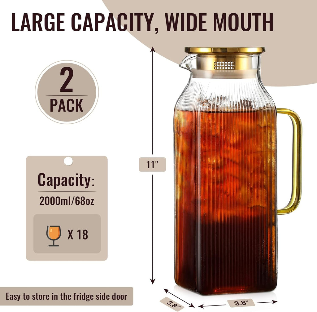 2 Pack 2 Liter/68 oz Square Glass Pitcher with Lid, Classic Stripes Water Pitchers with Handle for Fridge, Large Jug