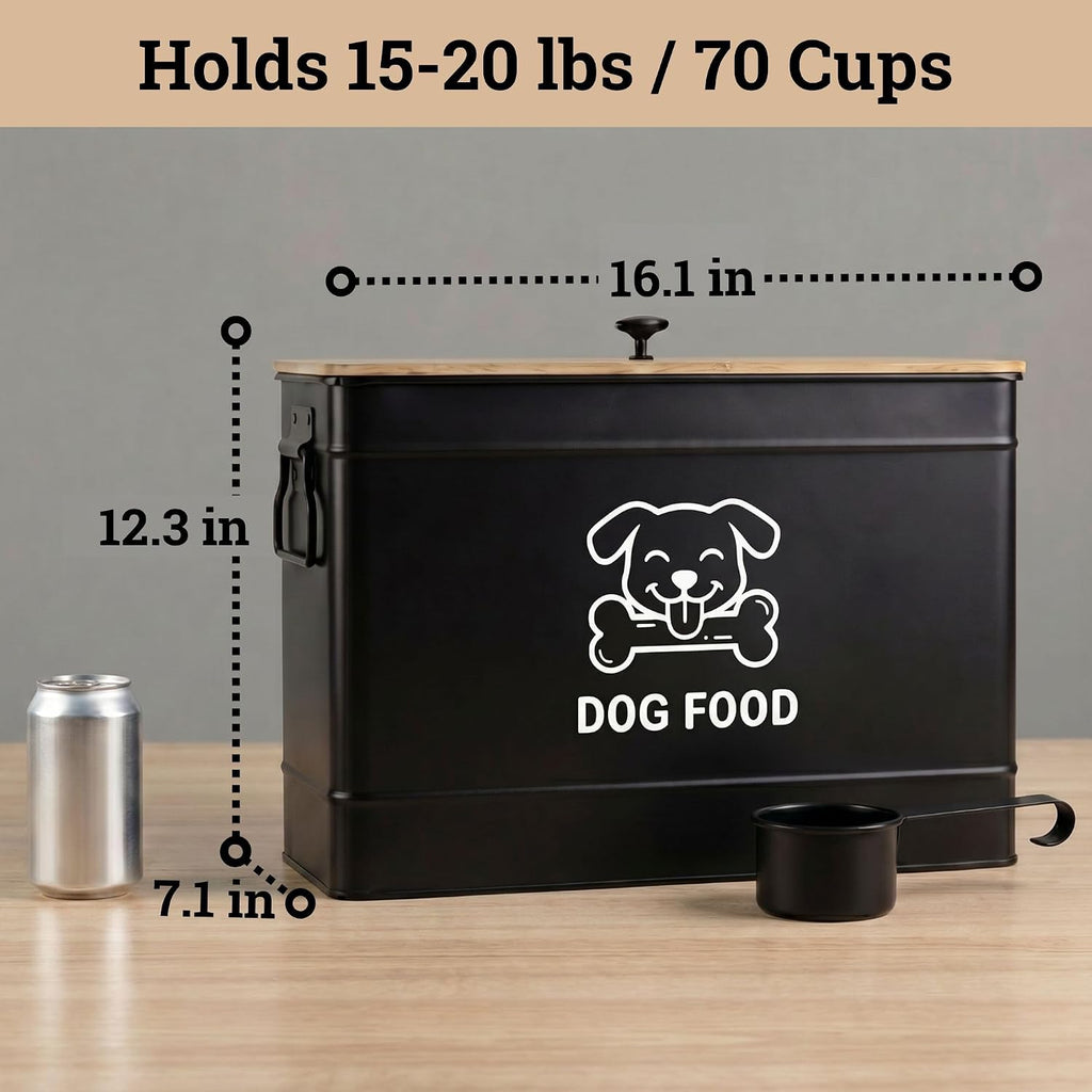 Metal Dog Food Container 15-20 lbs w/ Airtight Bamboo Lid, 70 Cup Capacity